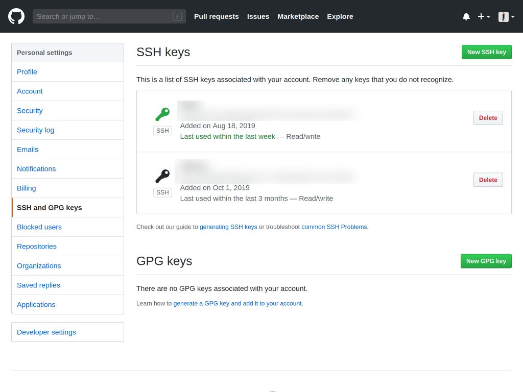 Github SSH keys settins page